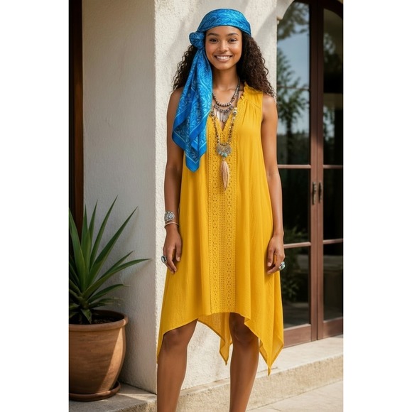 indigo Rose Dresses & Skirts - Indigo Rose Womens 1X Mustard Yellow Crochet Lace Sharkbite Hem Sleeveless Dress